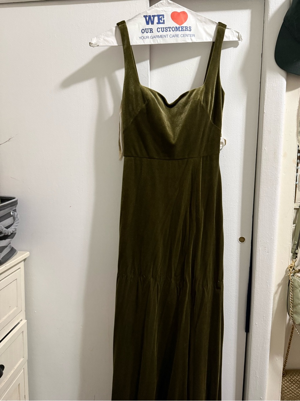Jenny Yoo Olive Green Velvet Maxi Slip Dress Slit